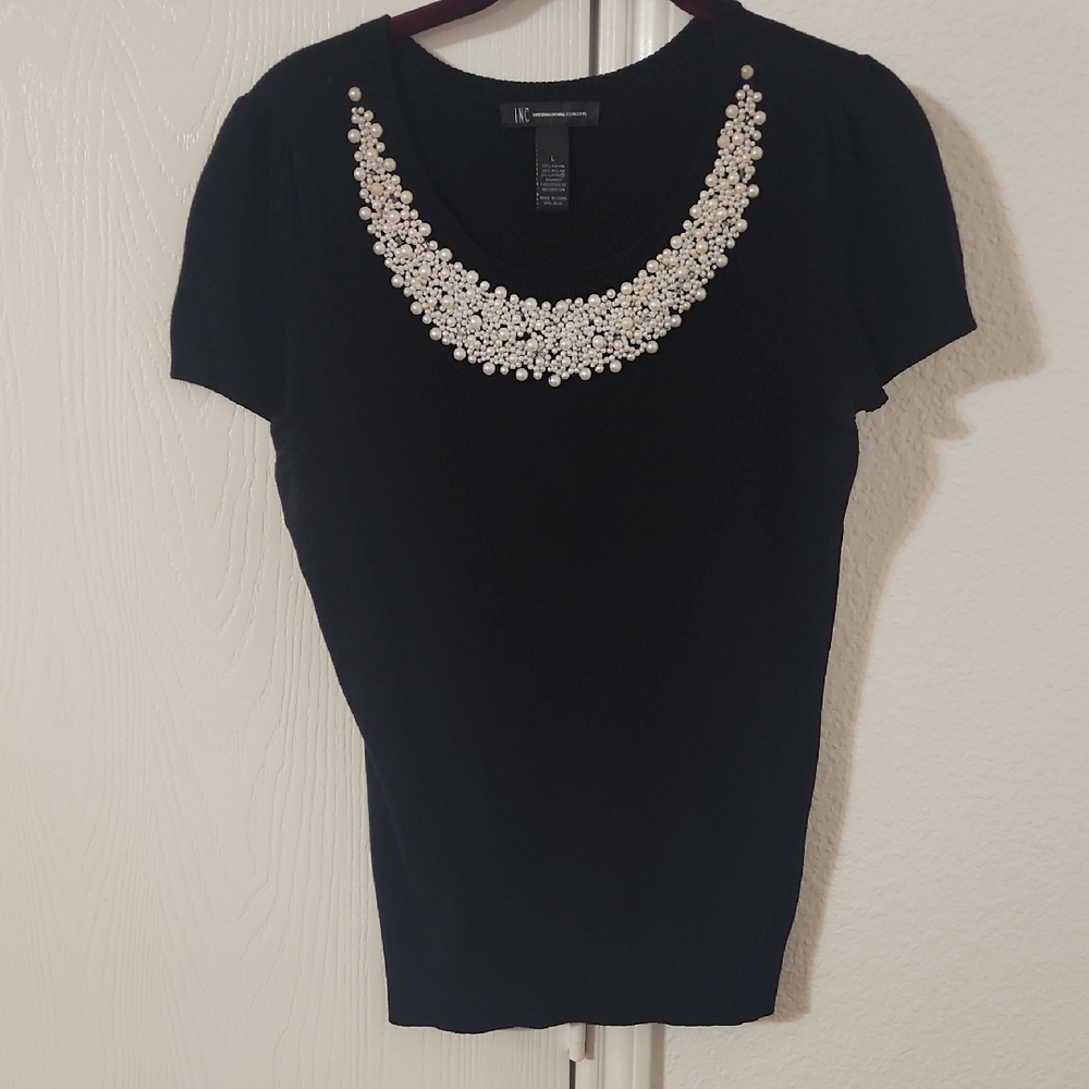 INC International Concepts Black Embellished Short Sleeve Blouse